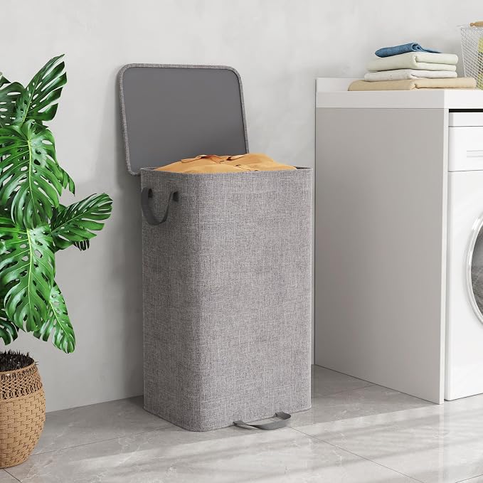 Lifewit Single Laundry Hamper with Lid and Removable Laundry Bags, Large Collapsible 1 Dividers Dirty Clothes Basket with Handles for Bedroom Laundry Room Closet Bathroom College, 100L Gray