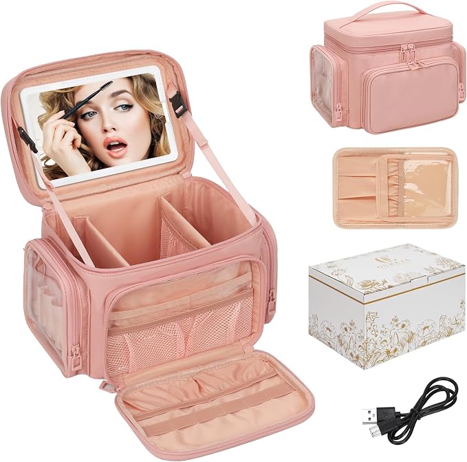 Large Makeup Bag with LED Mirror, Travel Makeup Bag Organizer for Women Girls with Makeup Brush Compartment & Two Side Pockets, 3 Color Lights Cosmetic Toiletry Bag- Leather Pink