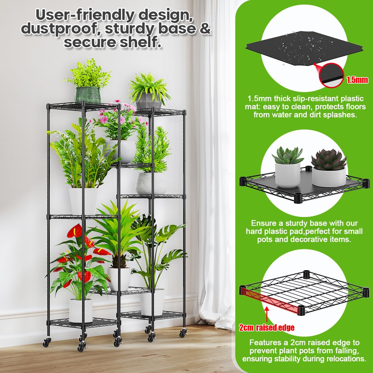 Abimars 59'' Plant Stand with Wheels, Shelf Height Adjustable Metal Plant Shelf for 8 Potted Plants, DIY Assembly Indoor & Outdoor Plant Display Rack