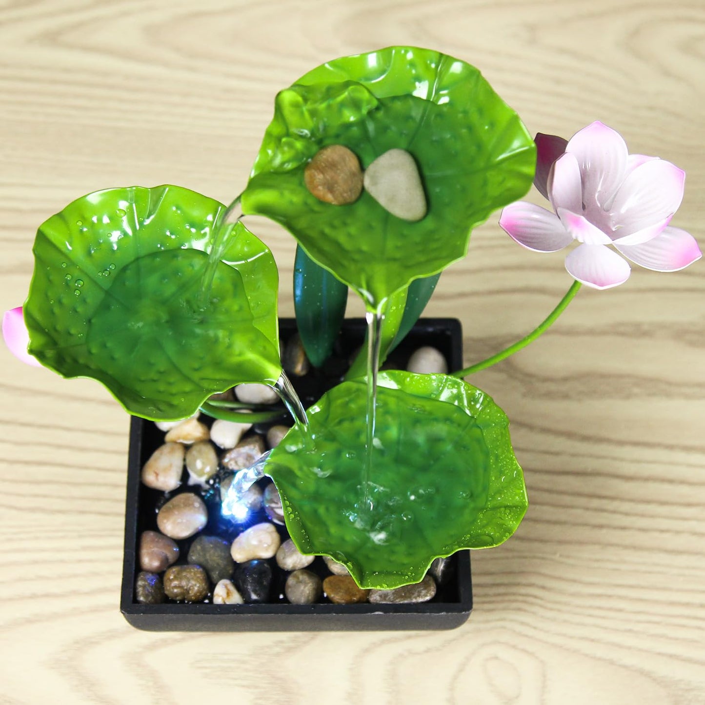 YOQUATE Water Fountain Indoor Waterfall Fountain 3-Tier Tabletop Fountain Lotus Desk Relaxation Home Decor Including Lots of Rocks and Soothing Sound Machine (Green 2)