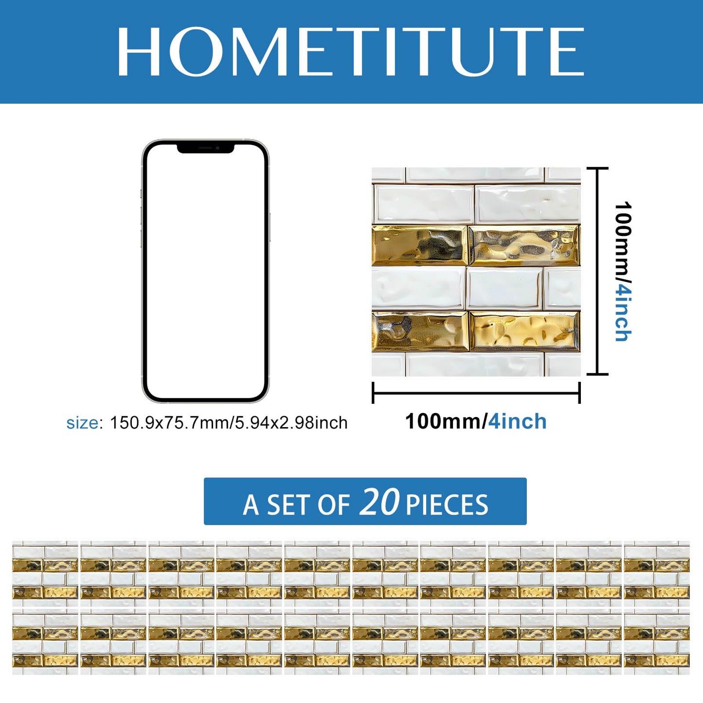 HOMETITUTE 20Pcs White Gold Brick Tile Stickers Peel and Stick Decorative Tiles Waterproof Removable Sticker Tiles Backsplash Decals for Kitchen Bathroom Fireplace Stair Riser Wall 4x4 Inch(not 3D)