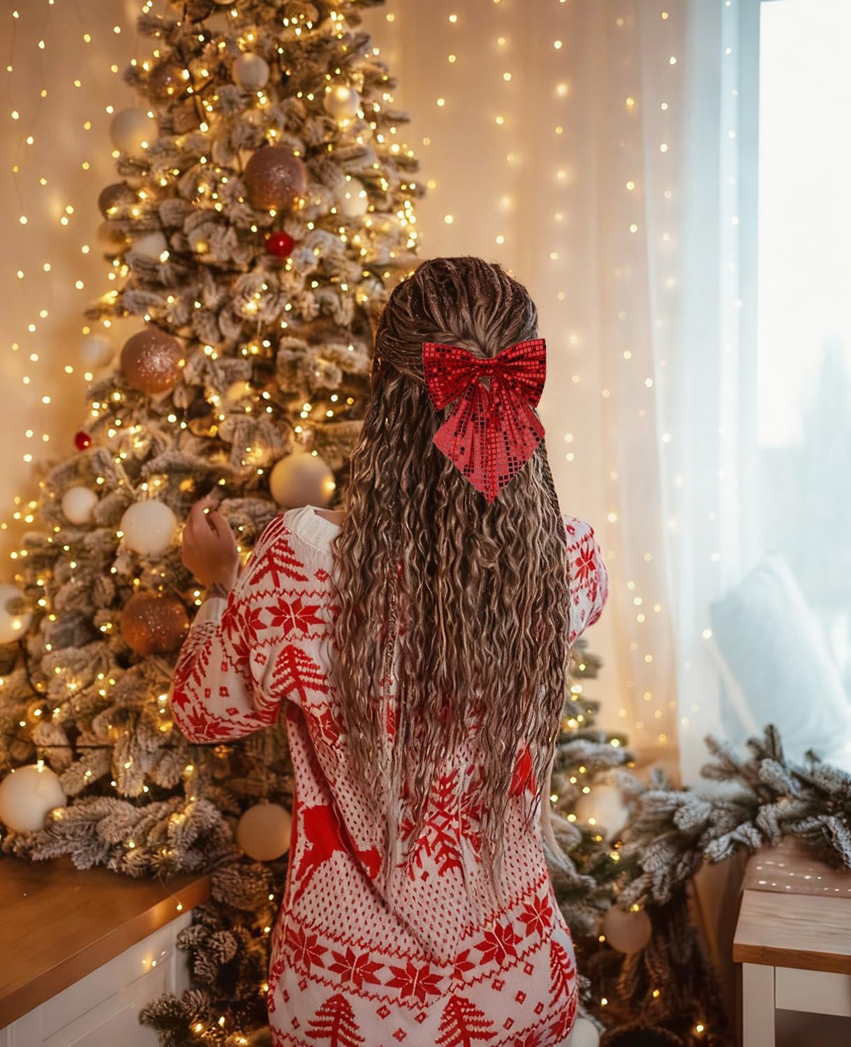 Wecoe 2pcs Christmas Hair Bows Clips - Sparkly Hair Barrettes & Holiday Disco Hair Accessories for Women & Girls