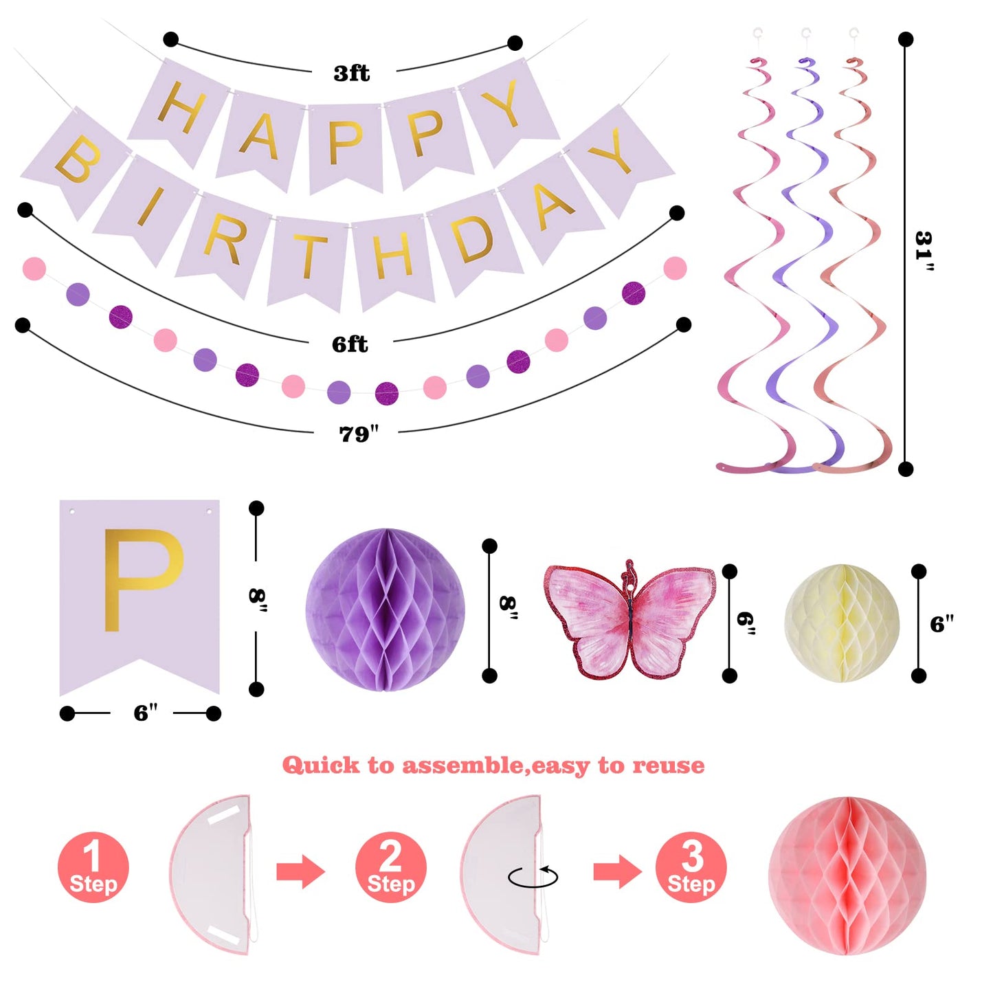 meowtastic Birthday Decorations, Happy Birthday Banner with Honeycomb Balls, Butterfly Hanging Swirl Streamers, Circle Dots Garland, Happy Birthday Party Decorations for Women Men Boys Girls (Purple)