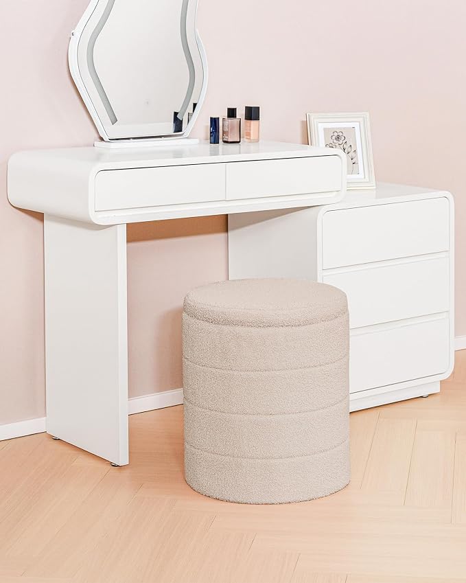 B FSOBEIIALEO Ottoman with Stroage, Round Sherpa Storage Ottoman Stool, Boucle Foot Rest 14.6"x14.6"x17.7"（Beige