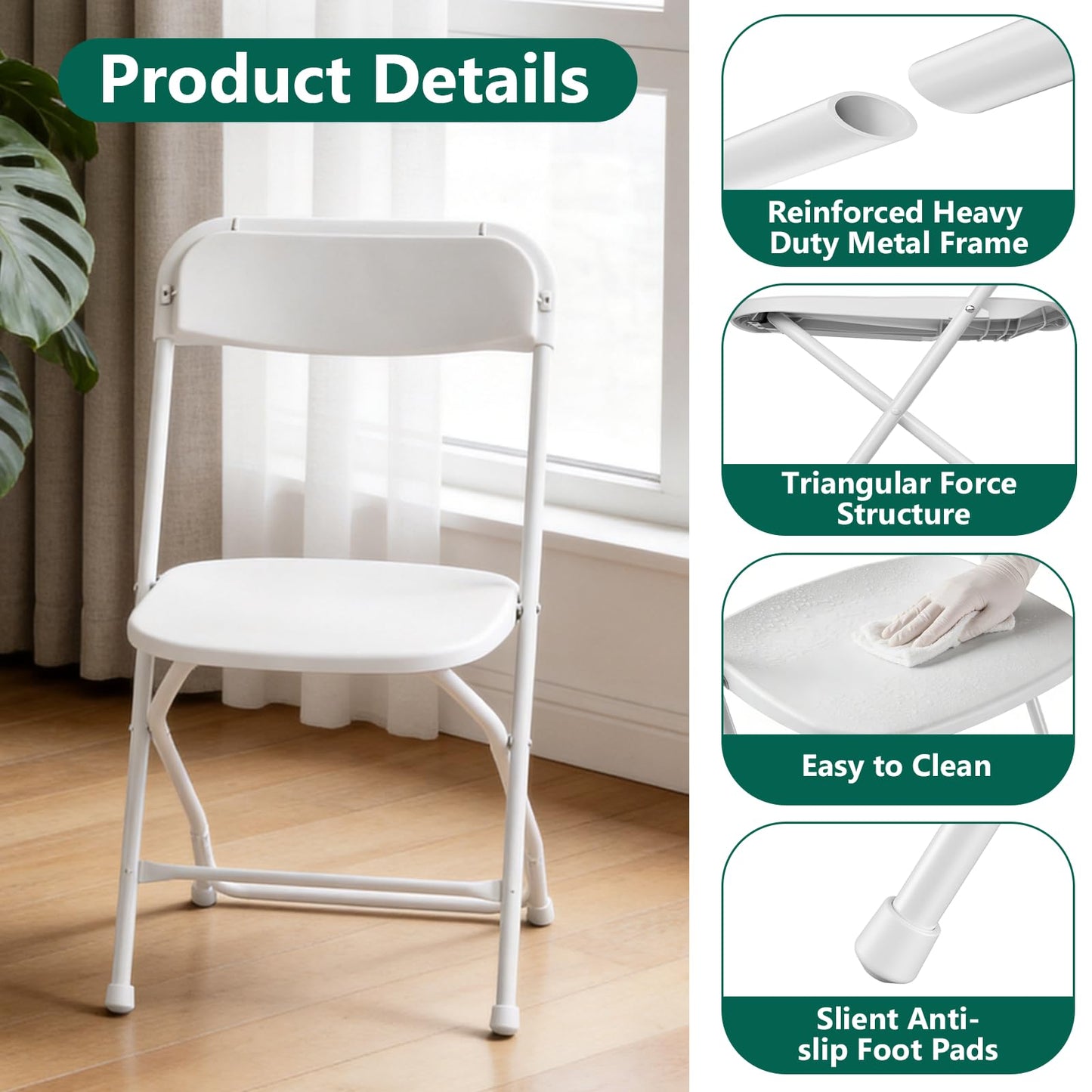 FurniEdge 16 Pack White Plastic Folding Chairs, Outdoor Portable Folding Chair with Steel Frame, 350lbs Capacity Stackable Foldable Chairs for Patio, Garden, Picnic, Kitchen, Events