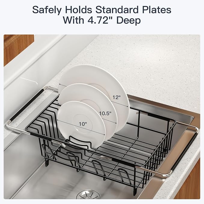 MAJALiS Dish Drying Rack Over The Sink with Utensil Holder, Drainboard | Expandable Stainless Steel Dish Drainer for Small Kitchen, Apartment, RV, Counter Space Saving, Perfect Fit, Rustproof