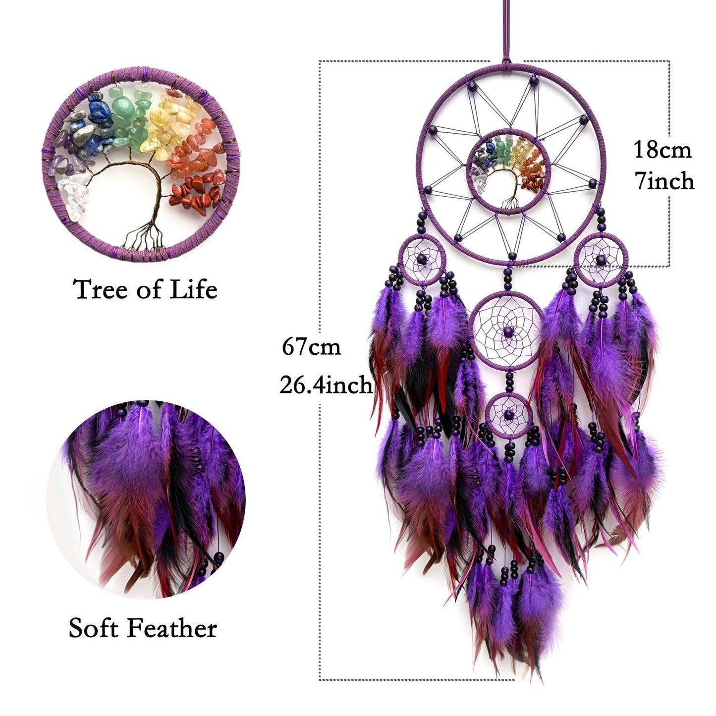 RAGKUU Purple Large Dream Catcher Wall Decor Crystal Tree of Life Dream Catchers Handmade Feather Dreamcatcher Wall Hanging Ornament for Bedroom Living Room Home Decor
