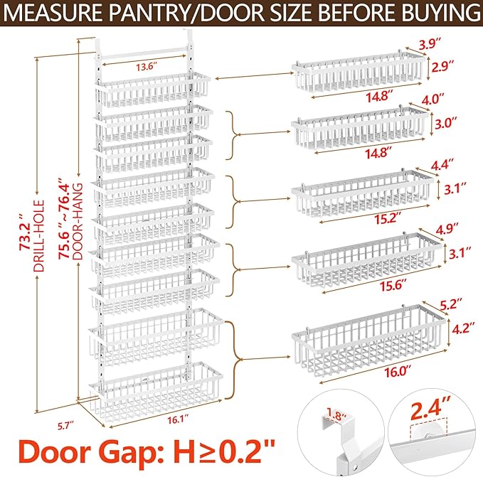 POKIPO 9 Tier Over The Door Pantry Organizer, 2 in 1 Wall Mount or Hanging Spice Rack with Adjustable Deep Basket, Heavy-Duty Seasoning Organizer and Storage for Kitchen Cabinet Closet Bathroom