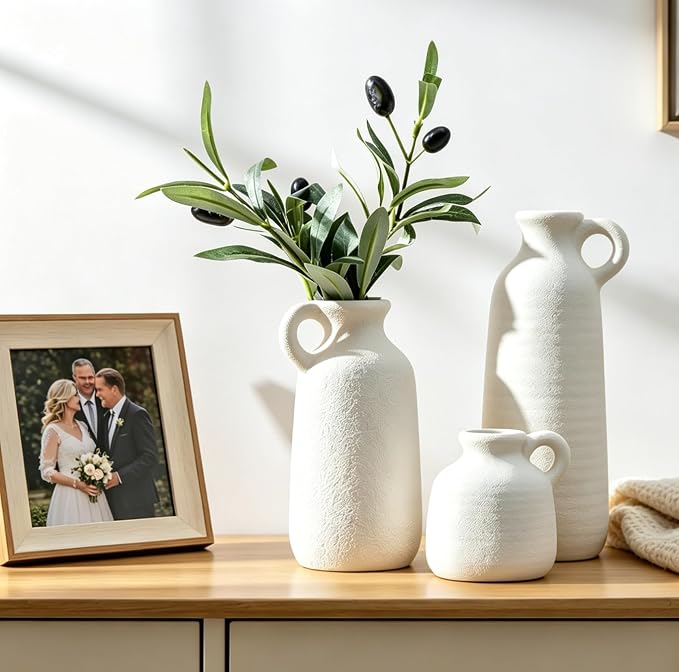 Ceramic Vase Set of 3 with Handle, White Modern Farmhouse Vases for Pampas Grass & Dried Flowers, Flower Vase for Table Living Room Home Decor