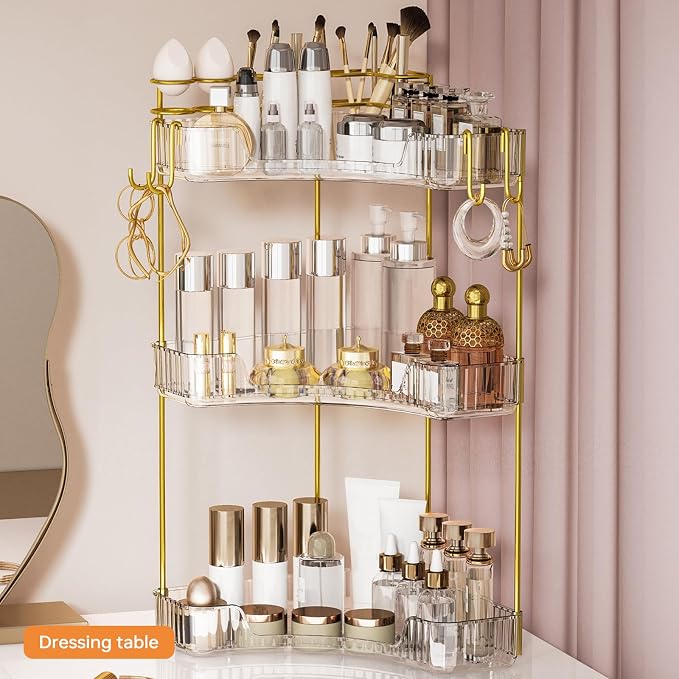 3-Tier Corner Bathroom Counter Organizer，Makeup & Skincare Shelf with Built-in Brush Holder，Space-Saving Bathroom Countertop Organizer for Skincare, Perfume, Cosmetics(Clear)