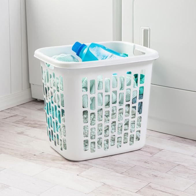 Sterilite Easy Carry Laundry Hamper, Ventilation Holes and Handles to Carry Clothes Between the Laundry Room and Bedroom, Plastic, White, 4-Pack