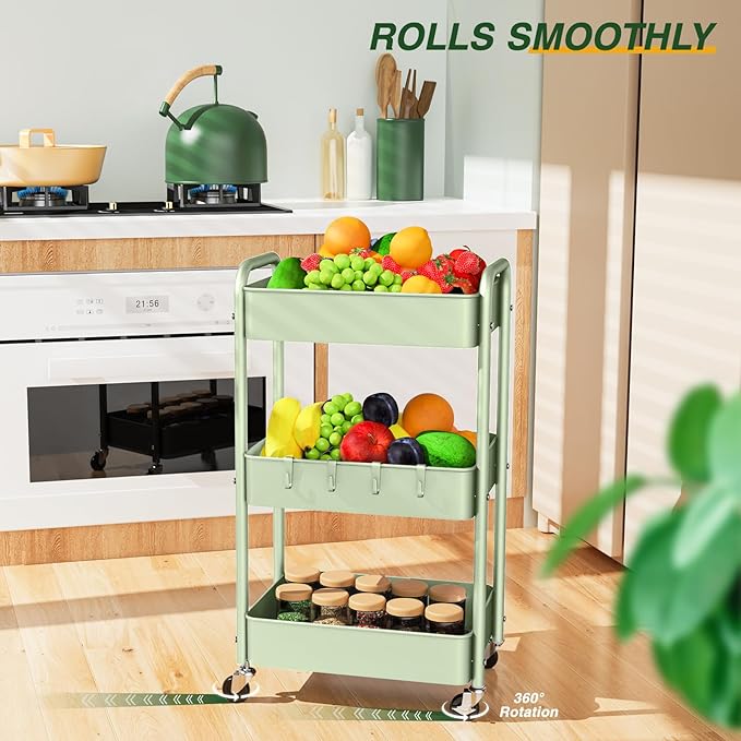 LEHOM 3 Tier Rolling Cart, Metal Rolling Utility Cart with Lockable Wheels & Hooks, Multi-Functional Heavy Duty Storage Cart Organizer for Bathroom, Kitchen, Office, Living Room