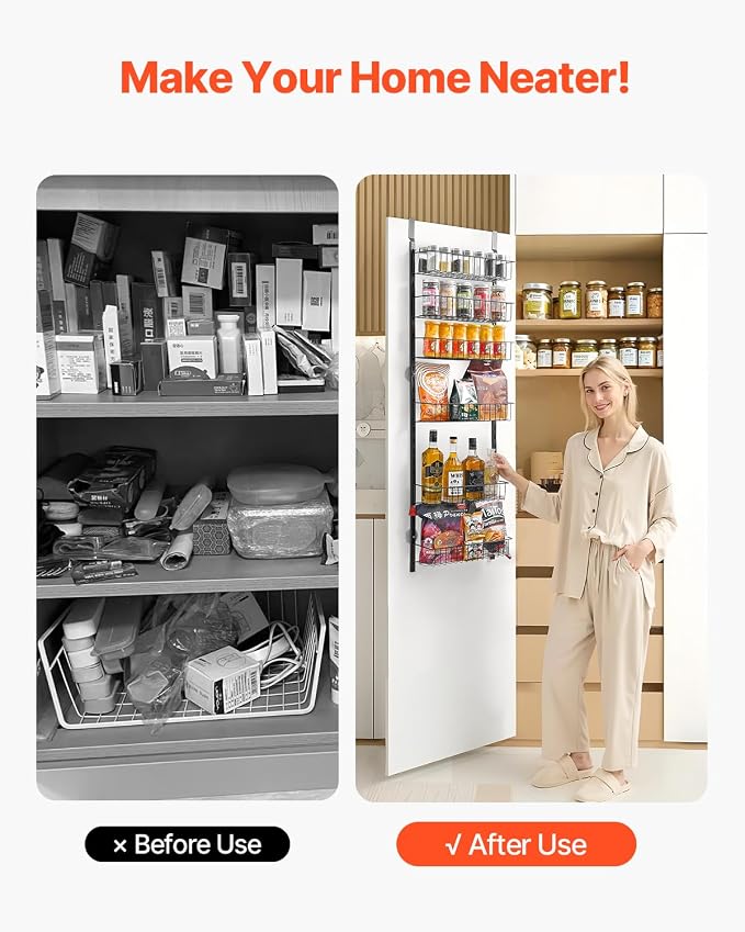 VEVOR Over the Door Pantry Organizer, 6-Tier Pantry Organization and Storage, Heavy-Duty Steel Hanging Spice Rack, Adjustable Wall Seasoning Shelves, for Home Kitchen Laundry Room Bathroom, Black