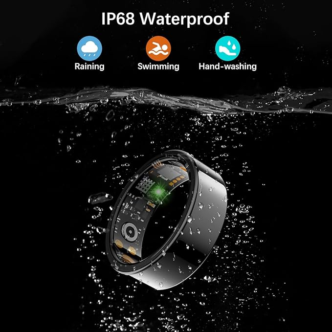 Smart Health Ring for Women Men, Fitness Tracker Ring with Heart Rate, Blood Oxygen, Sleep Tracker, Step Tracker, No Subscription Fee, IP68 Waterproof Smart Ring for iPhone & Android (Black, 8#)
