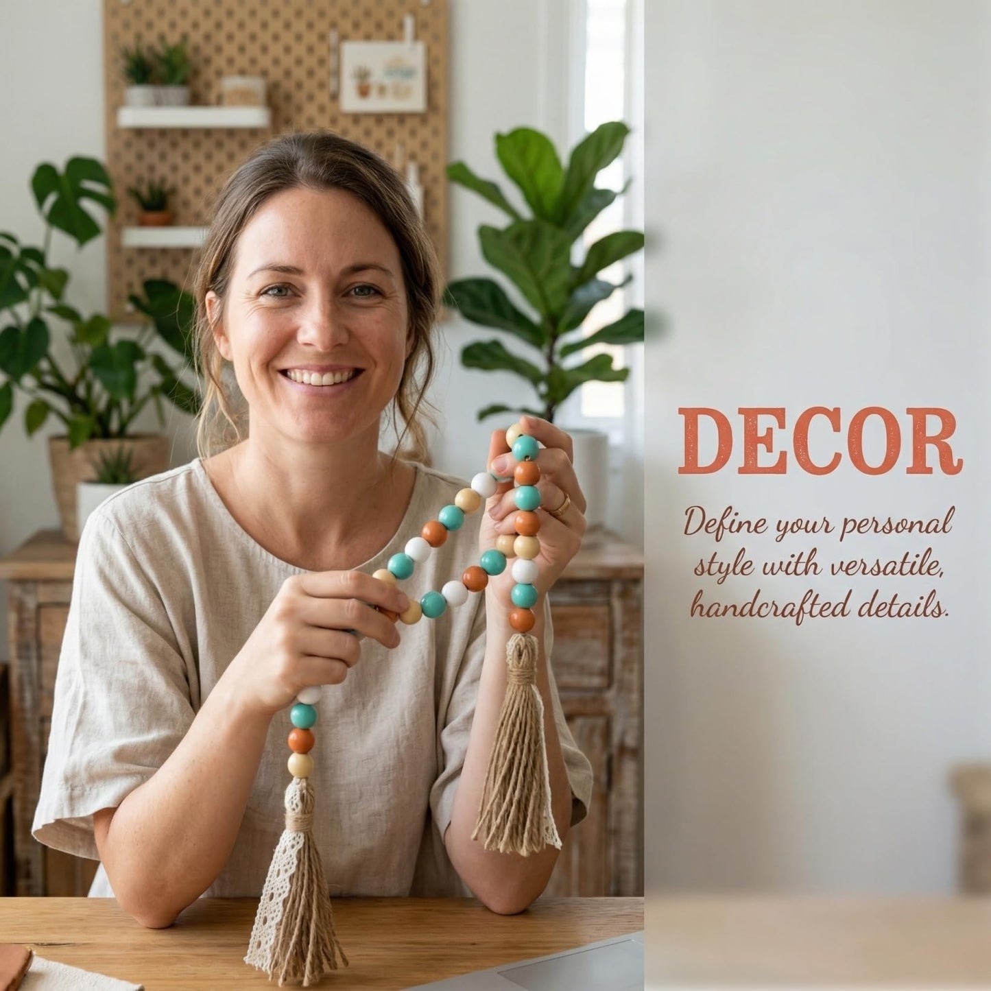TOPPERFUN Wood Beads Garland with Tassels, 42.4in Farmhouse Rustic Style Colorful Wood Beads String, Large Antique Wooden Prayer, Boho Home Festival Decor Garland Rosary Rope