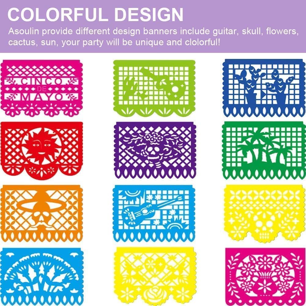 Asoulin 6PCS Mexican Party Banners, Cinco De Mayo Decoration Fiesta Party Decoration, Mexican Themed Party Decor 5 De Mayo Banner Plastic Papel Picado, Mexico Birthday Party Supplies -12 Patterns/90FT