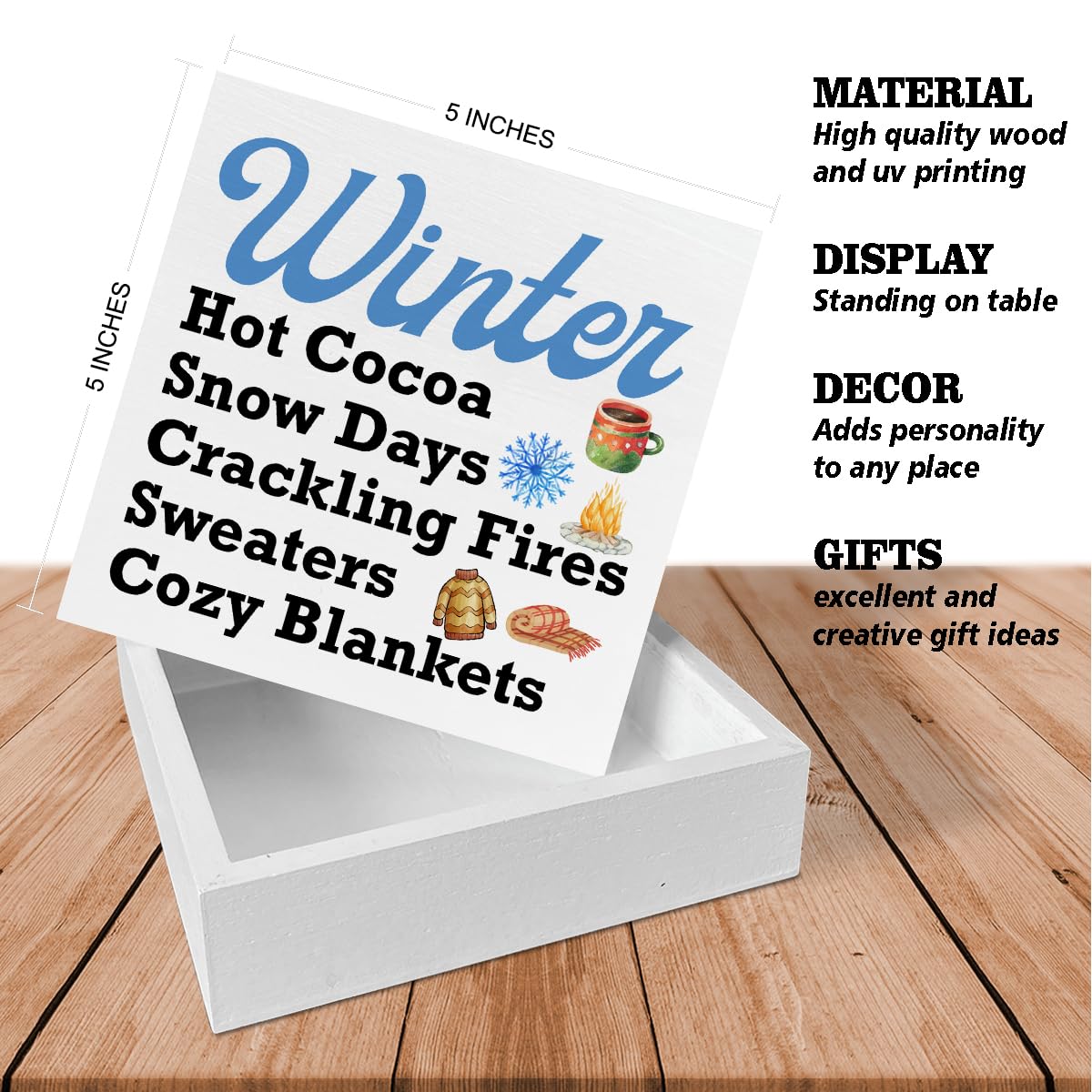 Winter Wooden Block Sign Winter Hot Cocoa Blankets Wooden Box Sign Decor for Home Living Room Kitchen Table Desk Shelf