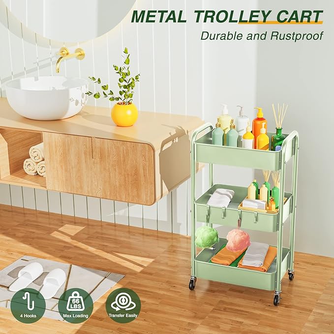 LEHOM 3 Tier Rolling Cart, Metal Rolling Utility Cart with Lockable Wheels & Hooks, Multi-Functional Heavy Duty Storage Cart Organizer for Bathroom, Kitchen, Office, Living Room