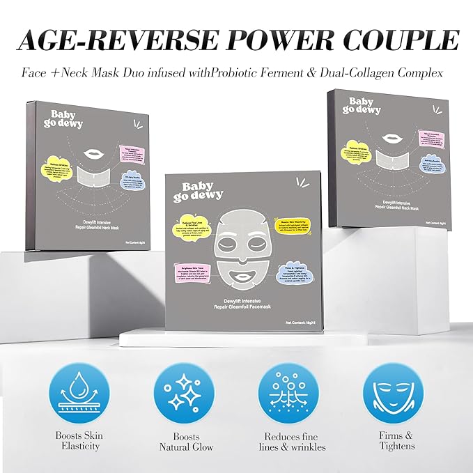 Bio-Collagen?‘Peptide Face Mask Sheets ??Gleam Foil Intensive Overnight Hydrate Face???¯Neck Masks for Moisturizing, Firming & Lifting Care ??8 Count(4 Face Masks + 4 Neck Masks)