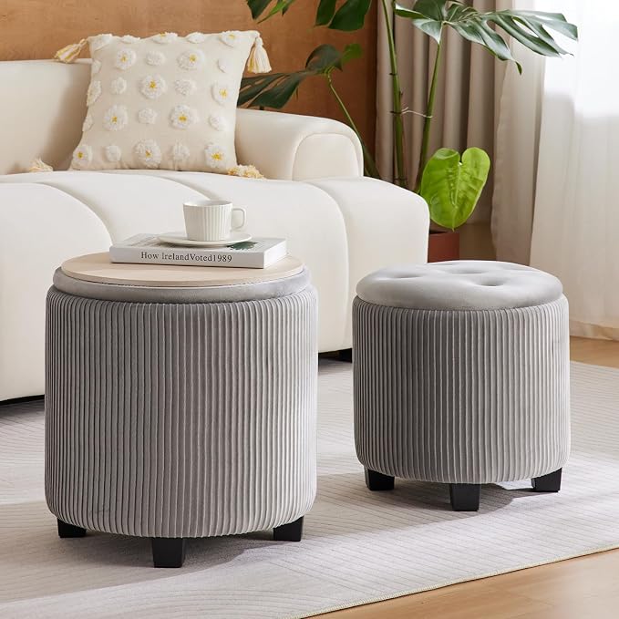 BLEXA Big Round Ottoman with Storage Set of 2,Upholstered Velvet Vanity Stool for Makeup Multifunctional Foot Rest Coffee Table Padded Seat Tufted Ottomans for LivingRoom&Bedroom (Large Grey)