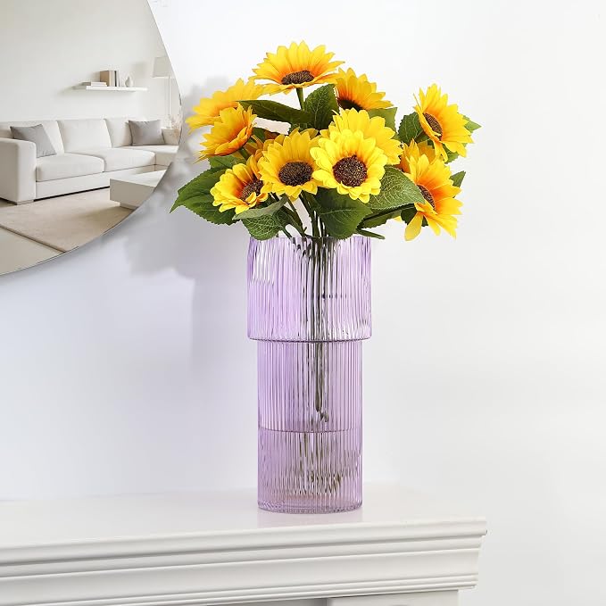 Purple Glass Vase, 12 Inches Tall Vase for Flowers, Large Flower Vases for Bouquet, Modern Purple Glass Vases for Living Room, Dining Table, Office, Entryway, Mantle, Shelf, Wedding Gifts