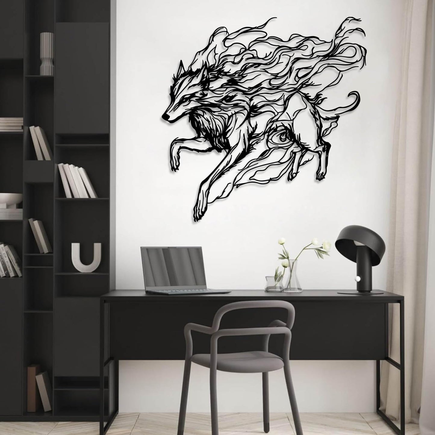Veplsur Wolf Metal Wall Art, Metal Wall Art Wolf Wildlife, Safari Animal Wall Decor, Minimalist Line Decor, Modern Abstract Line Wall Hanging, Nature Themed Bedroom Hanging (Silver, 19"x19"|47x47cm)