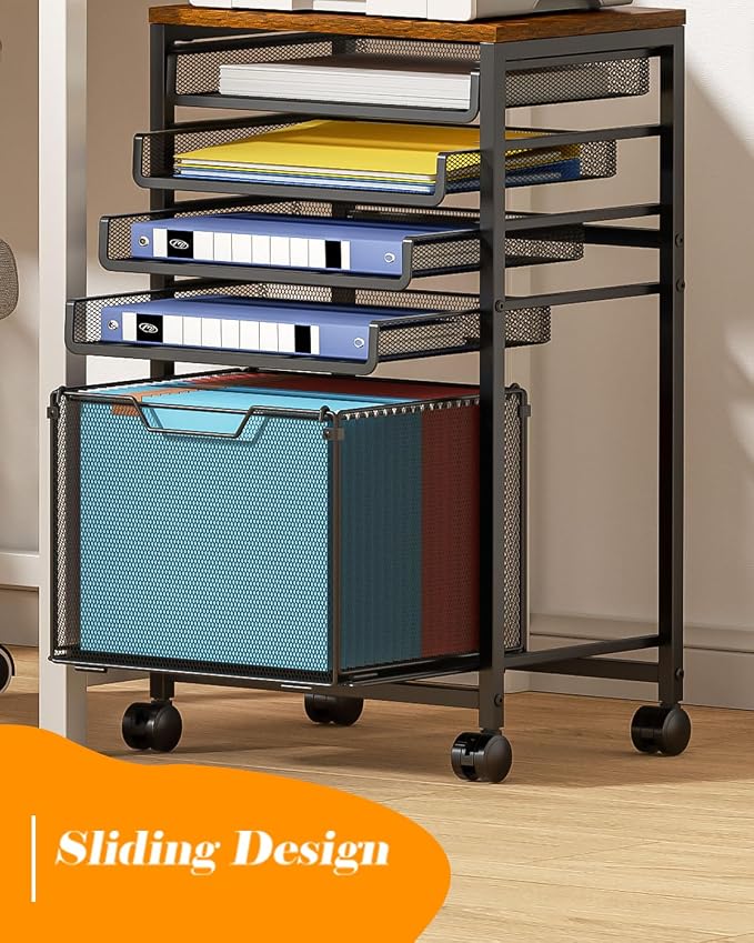 Feyejade Compact 5-Tier Rolling File Cart, Under Desk Metal Filing Cabinet | Printer stand top, sliding mesh trays for binder, letter size file storage, organizer for teachers and home office