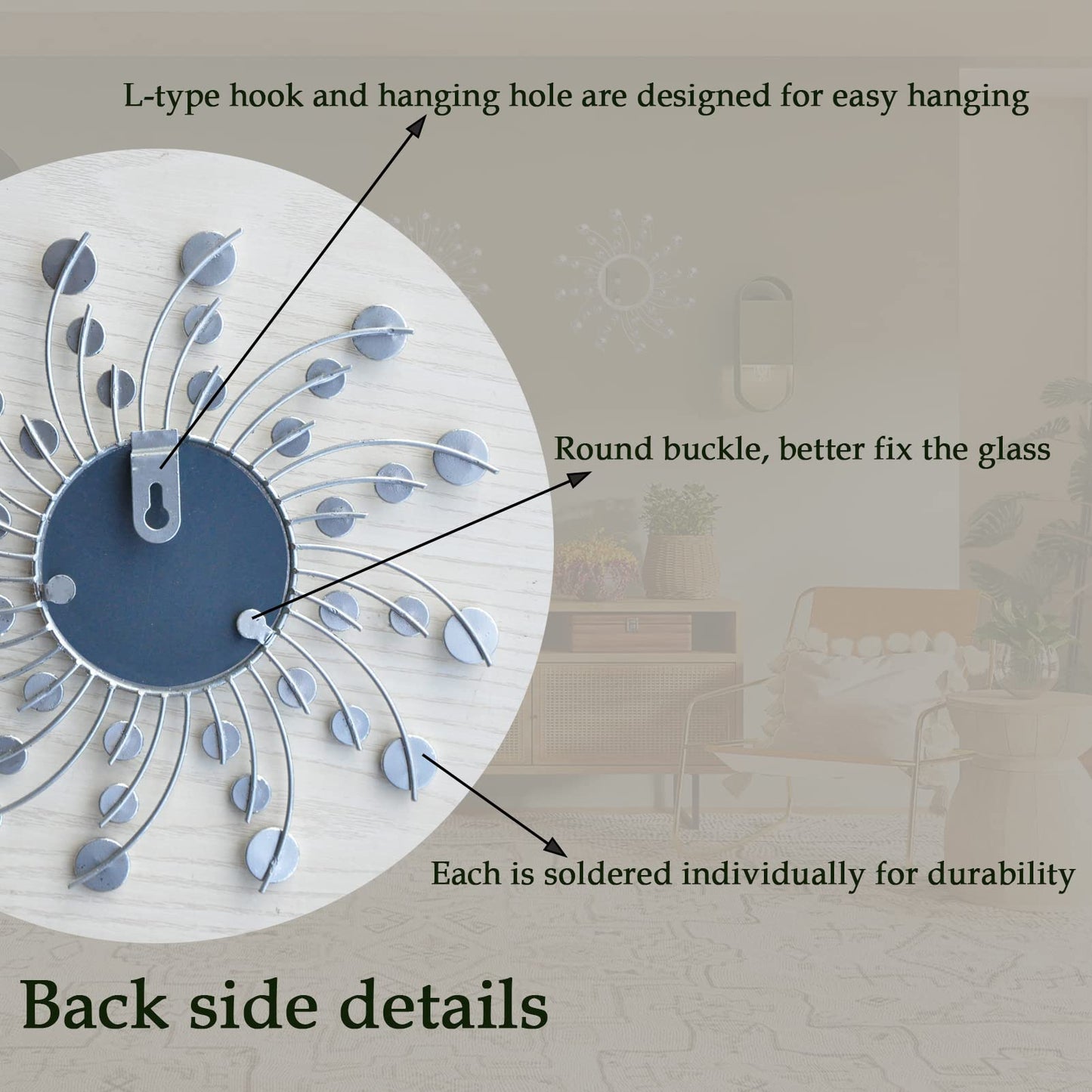 Mirror Wall Decor Metal Sun Mirror Home Decoration Wall Art Decorative Suitable for Living Room Bedroom Bathroom Entryway