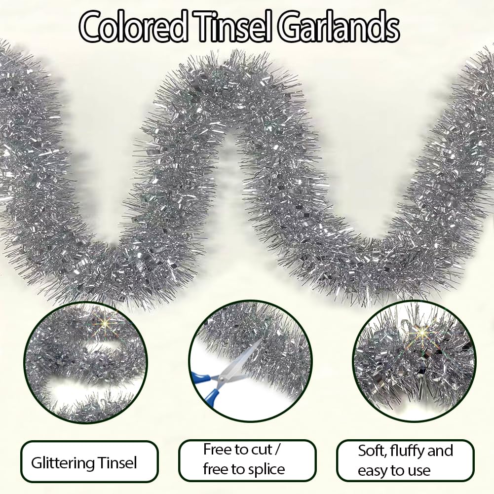 33Ft Christmas Tinsel Garland Shiny Thick Tinsel Xmas Tree Decor Metallic Twist Foil Garland for New Year Parties Birthday Party Thanksgiving Day Parade Floats Indoor Outdoor Supplies - Silver
