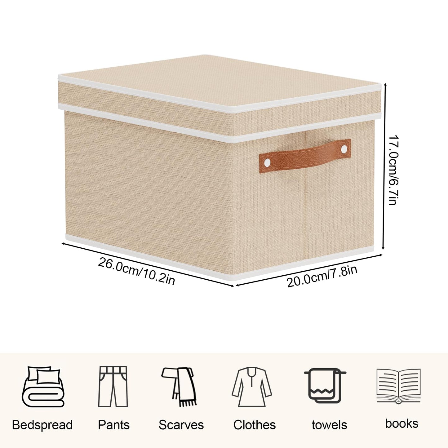 YheenLf Foldable Storage Bin, 10.2×7.8×6.7 Inch Storage Box with Lid, Closet Organizer for Organizing with Handles, Beige, 1-Pack