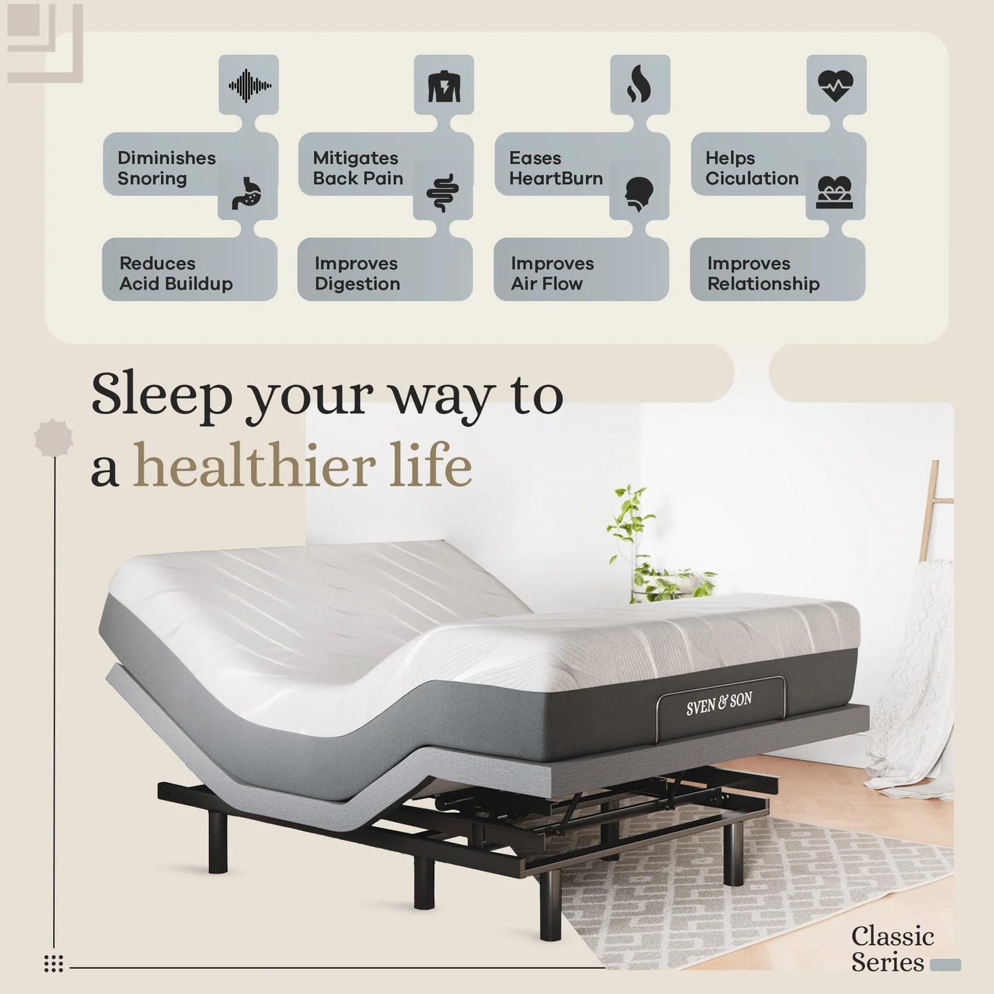 Sven & Son Classic Adjustable Bed Base, Head and Foot Lift, Massage, Under-Bed Lights, USB, Gel Memory, Zero Gravity Smart Frame - Full + 12 inch Memory Foam Matt (Medium)
