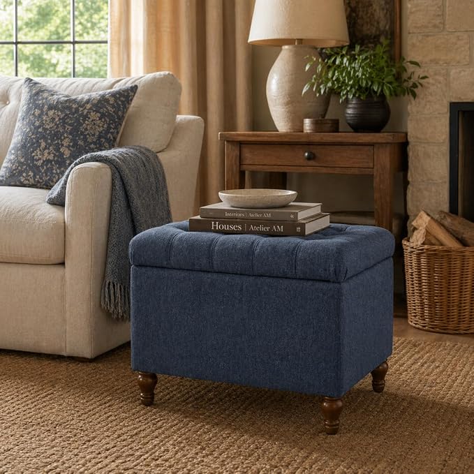 Spatial Order Home Decor | Upholstered Button Tufted Storage Ottoman | Hinged Lid Ottoman with Storage for Living Room & Bedroom | Decorative Home Furniture (Blue Woven Fabric)