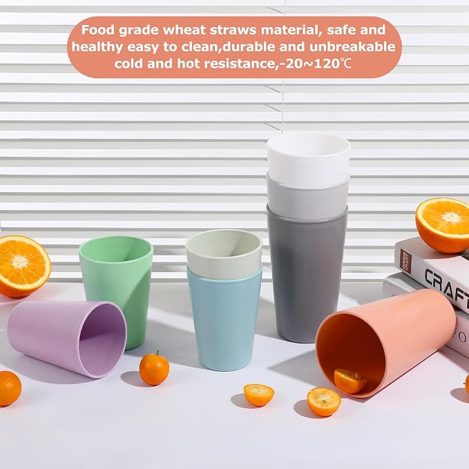 HEYCOME Set of 16 Wheat Straw Cups, 16 Pcs 20 oz Unbreakable Drinking Cups, Reusable Plastic Cups Sets, Water Glasses Tumblers, Microwave & Dishwasher Safe, Bpa Free, 8 Colors