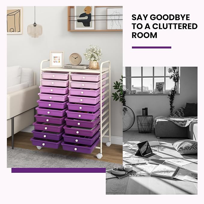 Giantex 20 Drawers Rolling Cart, Mobile Storage Drawer Cart, Classroom Organizer Cart for Office School Supplies Tools Scrapbook Paper Craft Small Printer, Utility Cart on Wheels, Gradient Purple