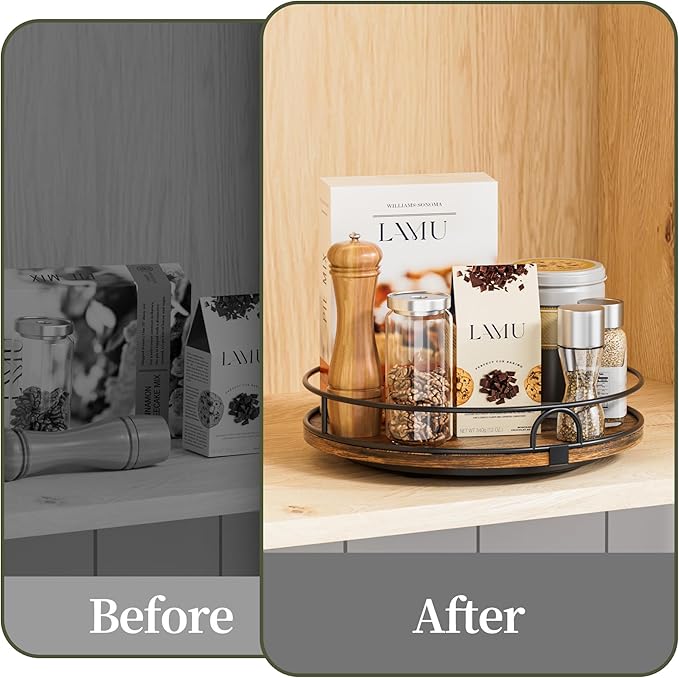 LAMU 9'' Lazy Susan Organizer for Table Top,Wooden Lazy Susan Turntable for Cabinet,Kitchen,Spice Organization,Bathroom Vanity,Rotating Pantry Storage for Table Decor