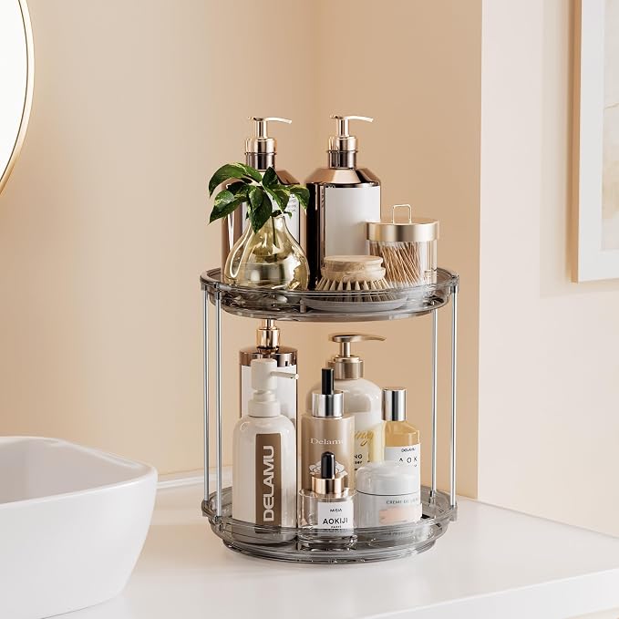 Delamu 2 Tier Rotating Makeup Organizer for Vanity, Skincare Organizer for Bathroom Counter, Spinning Perfume Organizer Cosmetic Holder with Large Capacity, Grey