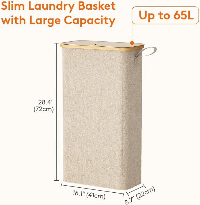 Lifewit 65L Slim Laundry Hamper with Lid, Narrow Laundry Basket with Removable Bag & Bamboo Handles, Fodable Thin Dirty Clothes Hamper for Laundry Collapsible Bin for Bathroom Bedroom Dorm, Beige