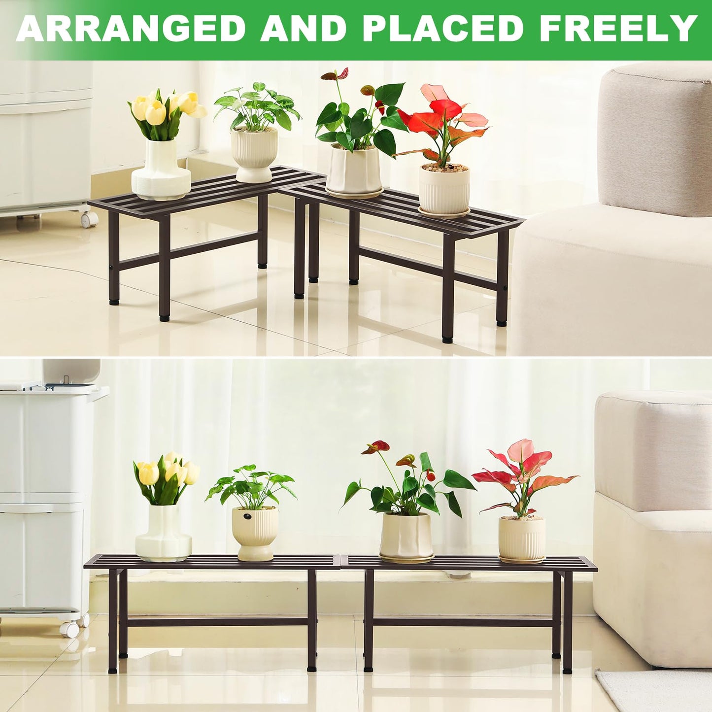 Dipion 2 Pack Metal Plant Stand Outdoor Plant Shelf Indoor,1 Tier Heavy Duty Plant Stands for Multiple Plants,26" L x 10.12" H x 8.75" W,Coffee