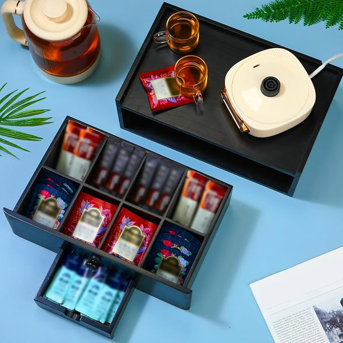 Cinnvoice Tea Bag Organizer Wood Tea Organizer Storage Box 8 Compartments Container Holder with Lid to Storage and Keep Fresh(Black)