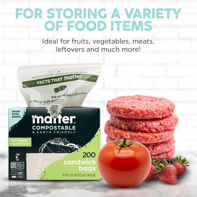 Matter Compostable Sandwich Bags for Food Storage, Eco-Friendly, Resealable, 200 Count