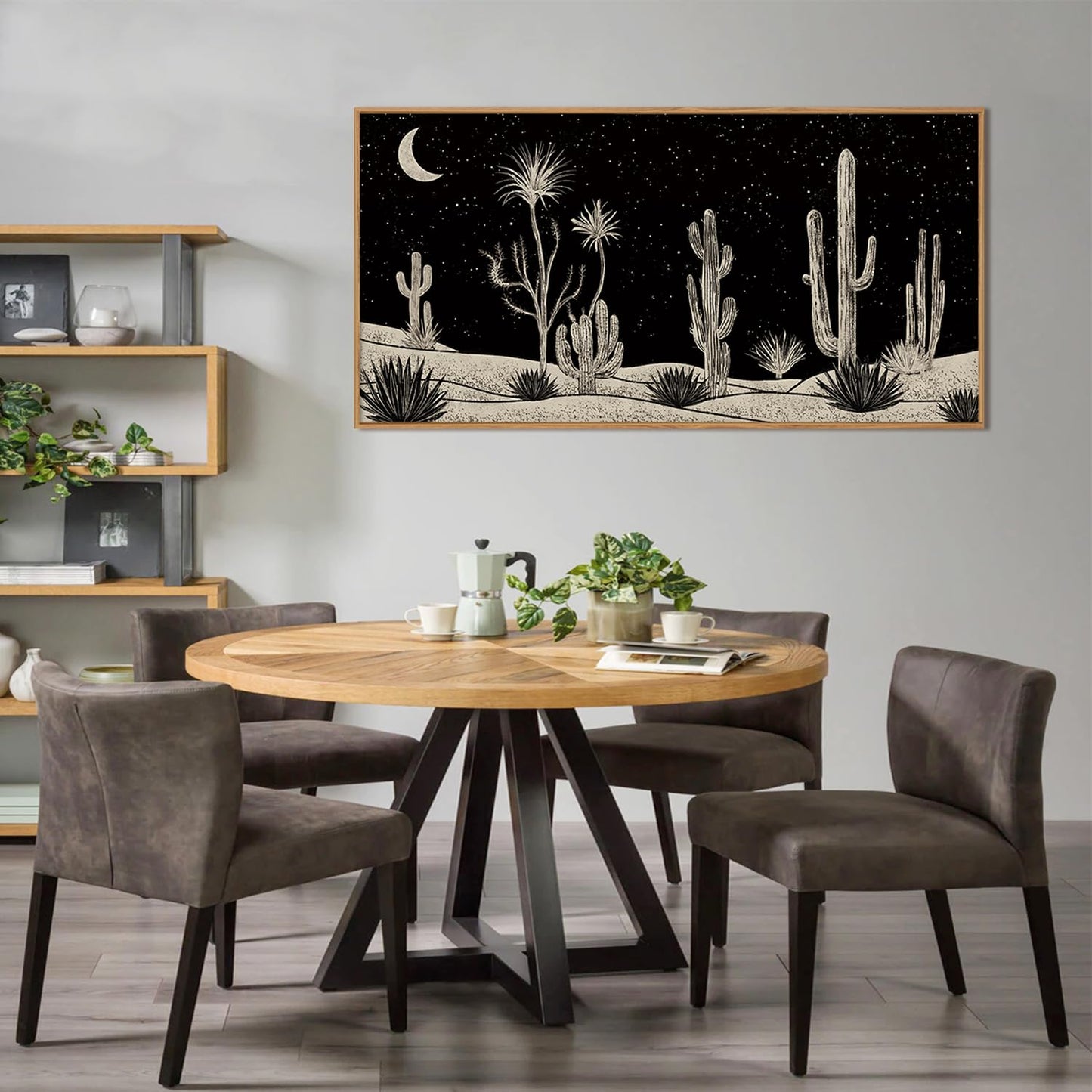 DRACIT Desert Night Cactus Framed Canvas Wall Art Set,Southwestern Black and White Landscape Wall Decor,Rustic Wooden Mid Century Boho Moon Artwork for Living Room,Bedroom-20 x40
