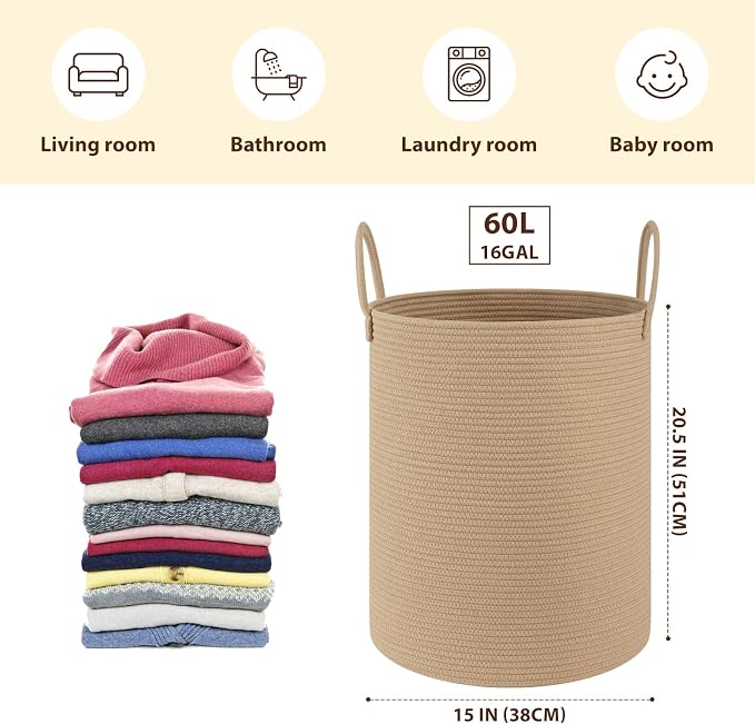 OIAHOMY Large Laundry Basket Hamper - 60L Cotton Rope Woven Basket for Blankets, Toys, Clothes - Tall Decorative Nursery Hamper with Long Handles, Yellow