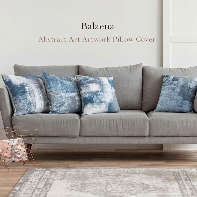 Set of 4 Blue and Grey Abstract Art Artwork Pillow Cover 16 x 16 Inch, Gallery Modern Decorative Throw Pillows Cushion Cover for Bedroom Sofa Living Room