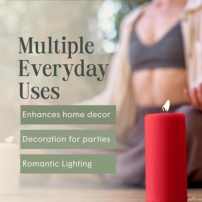 Mister Candle Dripless Unscented Pillar Candles, Set of 3 Hand Poured Red Pillar Candles, Solid Color Non-Scented Candles for Home Decor, Premium Wax, 80 Hr Burn Time, 3x6 Inch