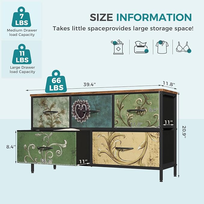 OLIXIS Dresser for Bedroom with 5 Drawers, Wide Chest of Drawers, Fabric Bedroom Dresser with Drawer Organizer, Storage Organizer Unit with Fabric Bins for Closet, Living Room, Hallway, Flower