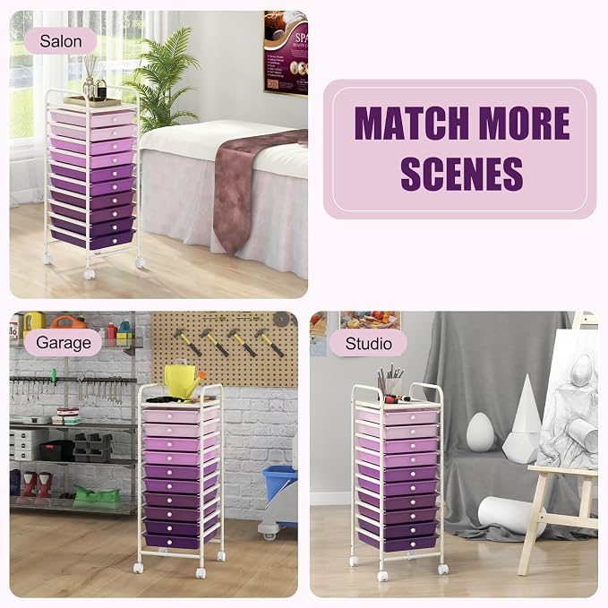 MEDIMALL 10 Drawers Rolling Storage Cart, Multipurpose Craft Storage Cart with Wheels, Mobile Tools Scrapbook Paper Organizer Cart for Office School Home Use