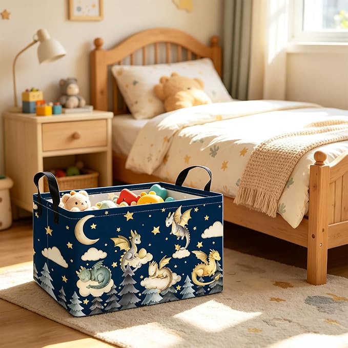 Rectangular Dragon Pattern Storage Bin, Decorative Canvas Laundry Basket with Dual Handles, Foldable Toy & Household Organizer, Multipurpose Party Gift Basket for Home Bedroom Dorm(Cute Dragon)