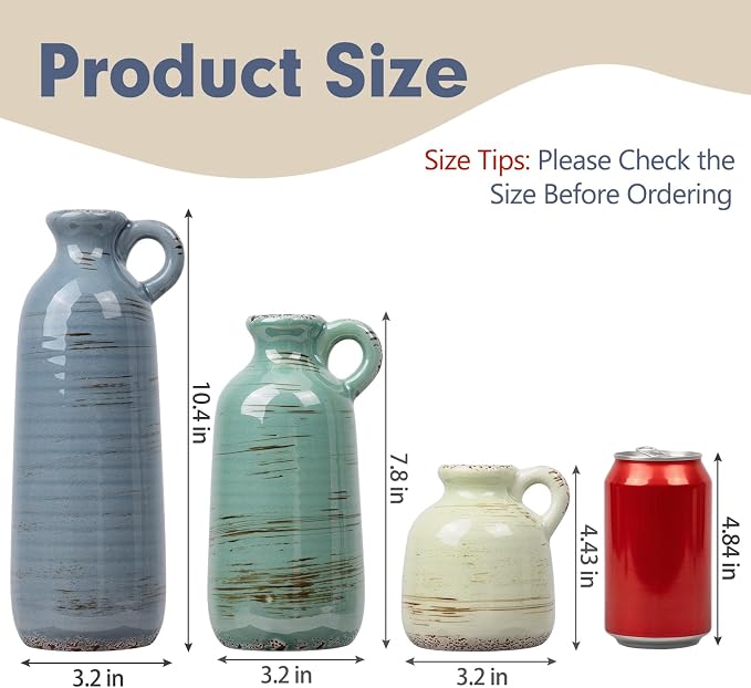 Ceramic Vase Set of 3, Vase with Handle, Modern Farmhouse Vases for Pampas Grass & Dried Flowers, Flower Vase for Table Living Room Home Decor-Multicolor