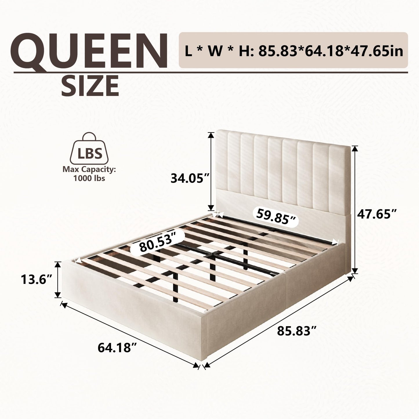 Sismplly Queen Size Cloud Bed Frame with 47" Tall Headboard, Velvet Upholstered Platform Bed with Thickened Sides & Footboard, Modern Floor-Standing Design, No Box Spring Needed, Easy Assembly, Beige