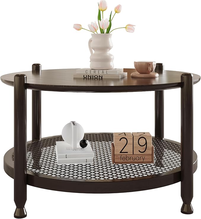 NSdirect 32" Round Coffee Table for Living Room, 2-Tier Solid Wood Center Table for Home Decor with Boho Woven Rattan Storage Shelf | Modern Farmhouse Design, Easy Assembly, Black Brown
